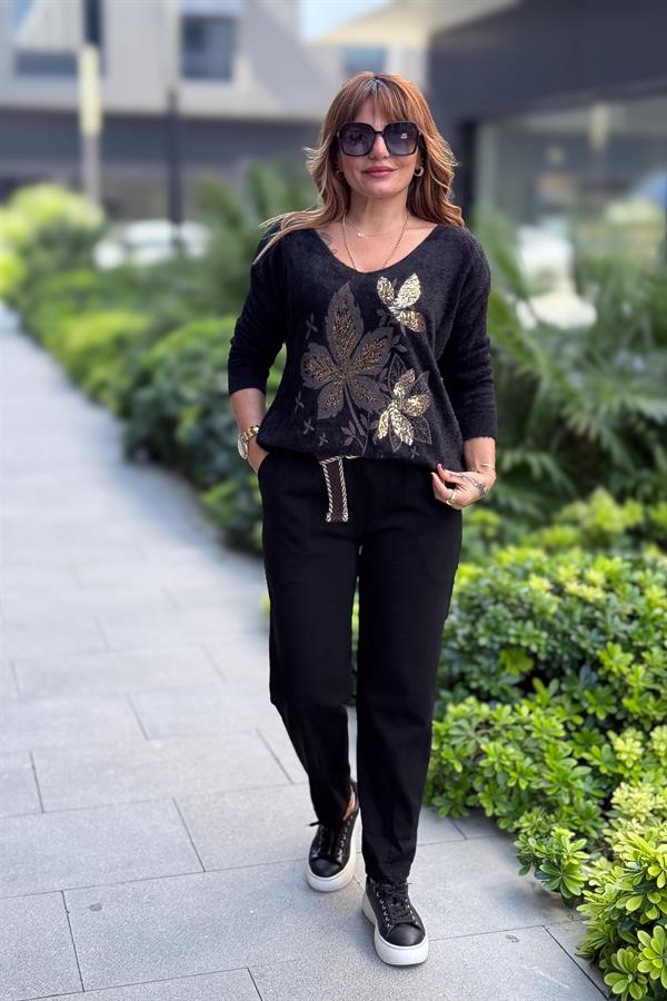 Yaprak Desenli V Yaka Angora Kazak Siyah Renk