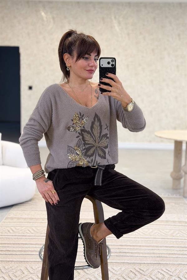 Yaprak Desenli V Yaka Angora Kazak Vizon Renk