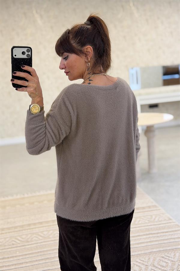 Yaprak Desenli V Yaka Angora Kazak Vizon Renk