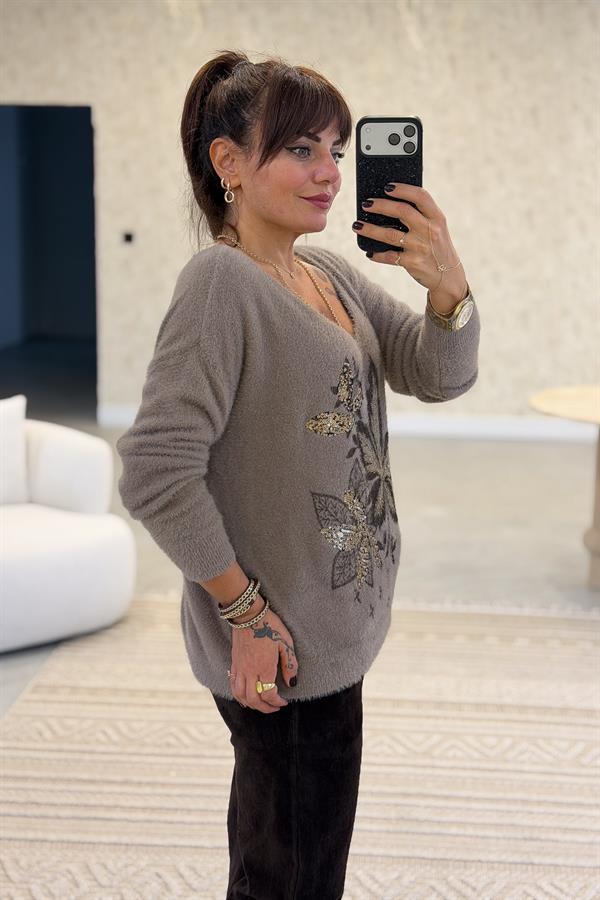 Yaprak Desenli V Yaka Angora Kazak Vizon Renk