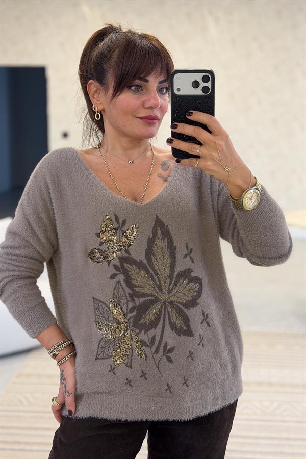 Yaprak Desenli V Yaka Angora Kazak Vizon Renk