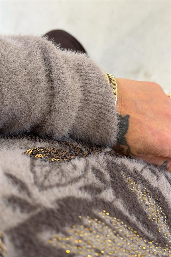 Yaprak Desenli V Yaka Angora Kazak Vizon Renk