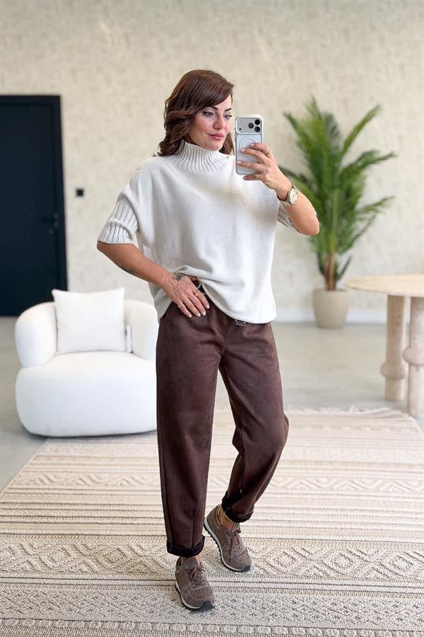 Yarım Kol Dik Yaka Triko Bej Renk