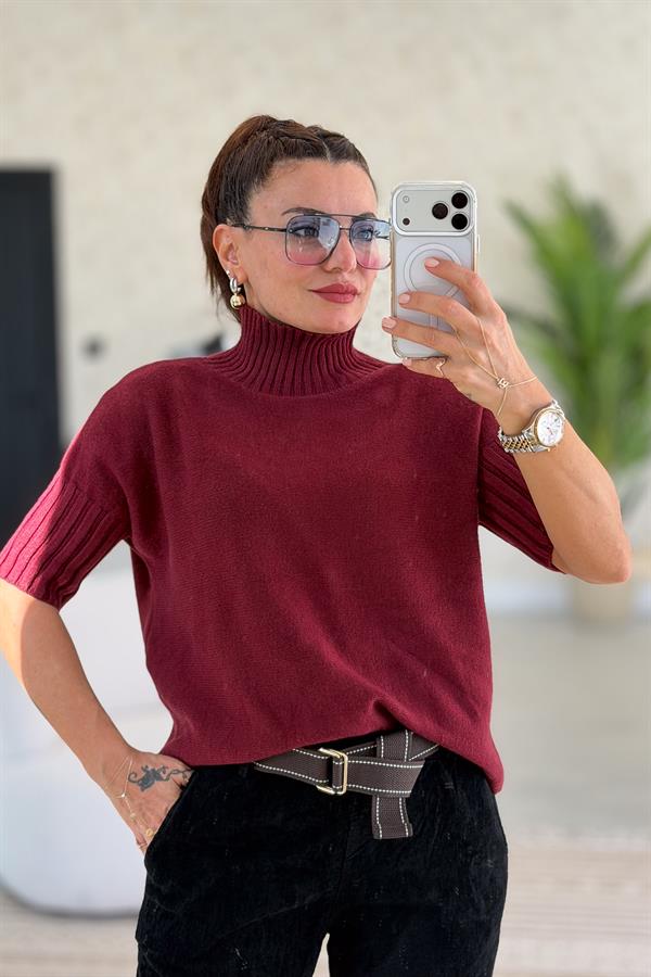 Yarım Kol Dik Yaka Triko Bordo Renk