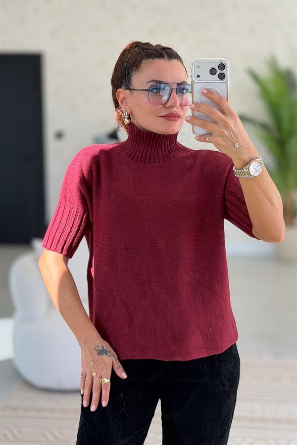 Yarım Kol Dik Yaka Triko Bordo Renk