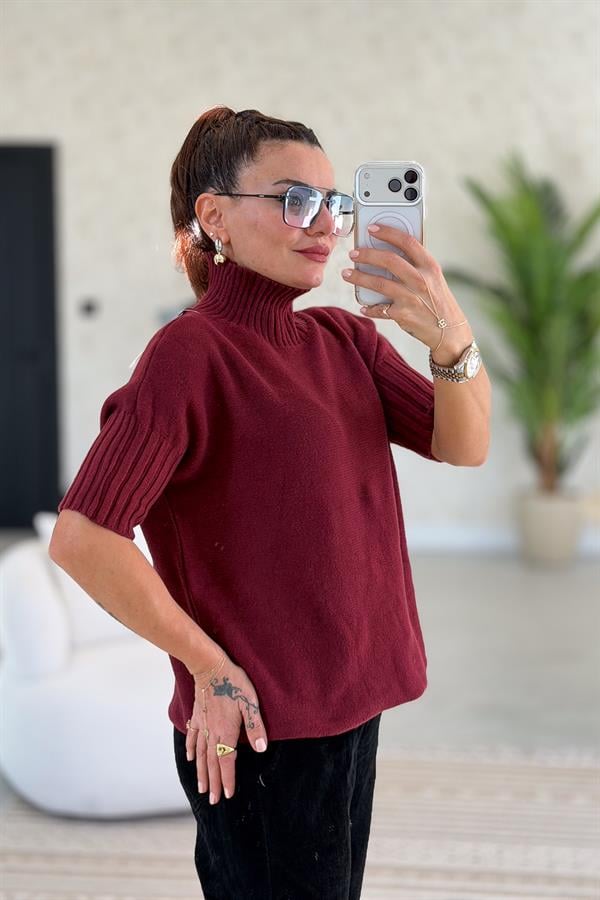 Yarım Kol Dik Yaka Triko Bordo Renk