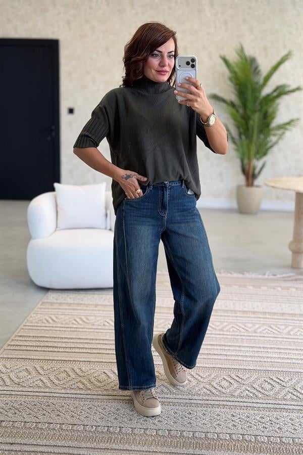 Yarım Kol Dik Yaka Triko Haki Renk