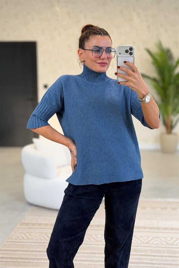 Yarım Kol Dik Yaka Triko İndigo Renk
