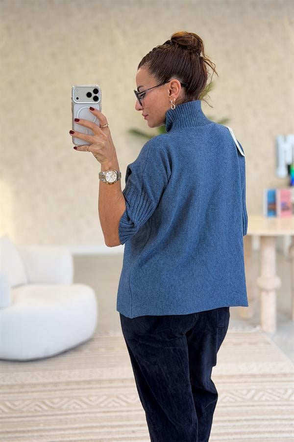 Yarım Kol Dik Yaka Triko İndigo Renk