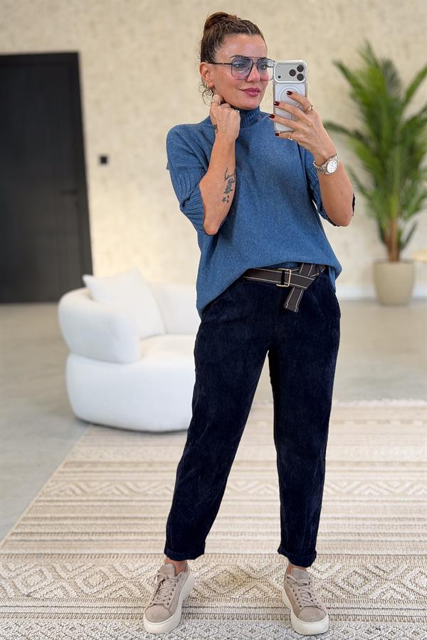 Yarım Kol Dik Yaka Triko İndigo Renk