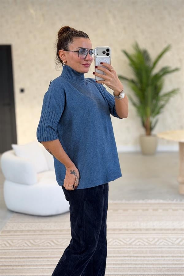 Yarım Kol Dik Yaka Triko İndigo Renk