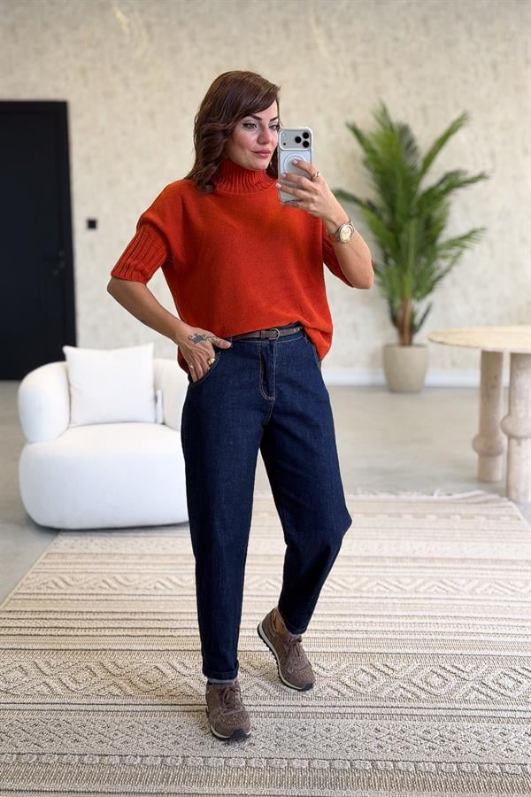 Yarım Kol Dik Yaka Triko Kiremit Renk