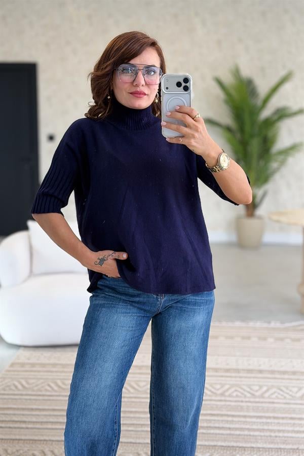 Yarım Kol Dik Yaka Triko Lacivert Renk
