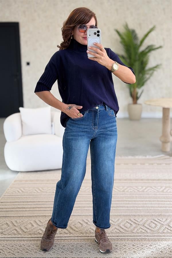 Yarım Kol Dik Yaka Triko Lacivert Renk