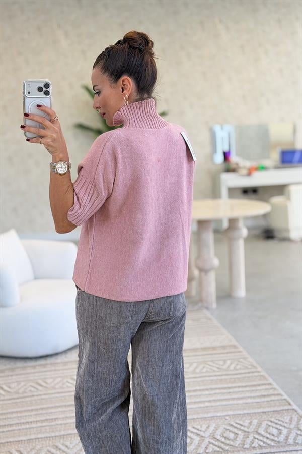 Yarım Kol Dik Yaka Triko Pudra Renk