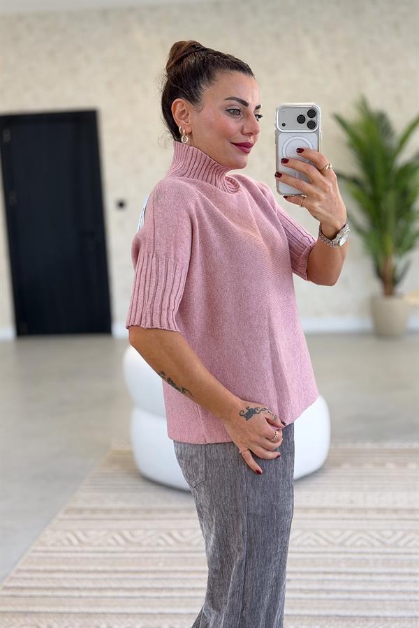 Yarım Kol Dik Yaka Triko Pudra Renk