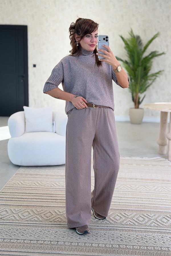 Yarım Kol Dik Yaka Triko Vizon Renk