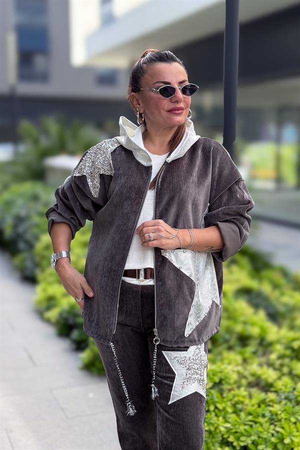 Yıldız Lak Pul İşlemeli Beli Büzgülü Kapüşonlu Kadife Ceket Antresit Renk