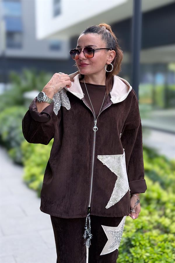 Yıldız Lak Pul İşlemeli Beli Büzgülü Kapüşonlu Kadife Ceket Kahverengi Renk