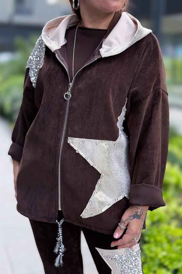 Yıldız Lak Pul İşlemeli Beli Büzgülü Kapüşonlu Kadife Ceket Kahverengi Renk