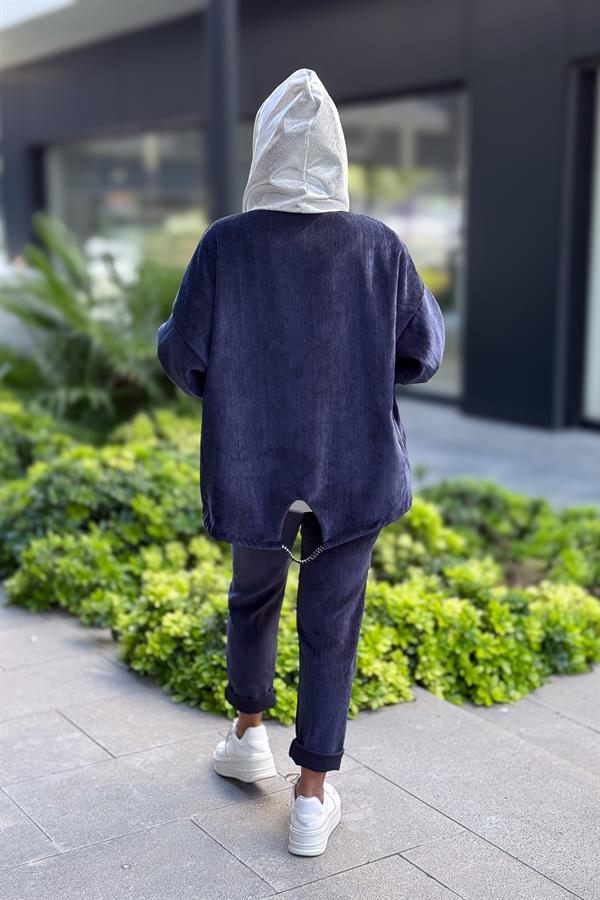 Yıldız Lak Pul İşlemeli Beli Büzgülü Kapüşonlu Kadife Ceket Lacivert Renk