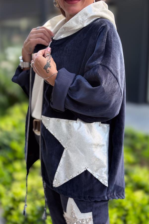 Yıldız Lak Pul İşlemeli Beli Büzgülü Kapüşonlu Kadife Ceket Lacivert Renk