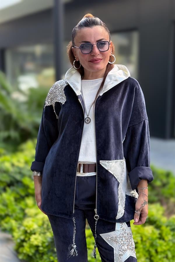 Yıldız Lak Pul İşlemeli Beli Büzgülü Kapüşonlu Kadife Ceket Lacivert Renk