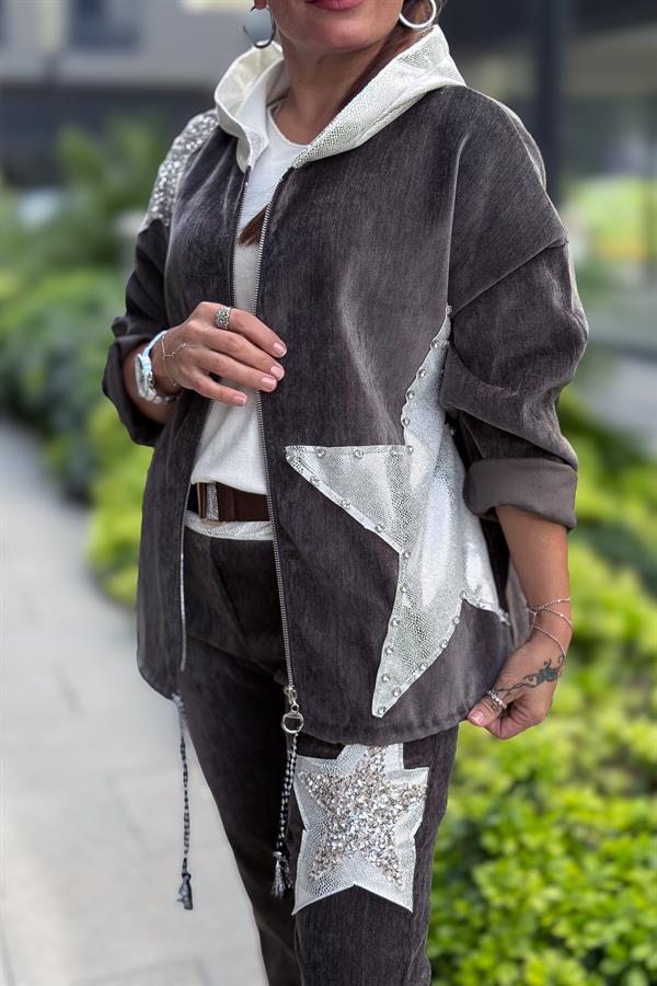 Yıldız Lak Pul İşlemeli Beli Büzgülü Kapüşonlu Kadife Ceket Antresit Renk