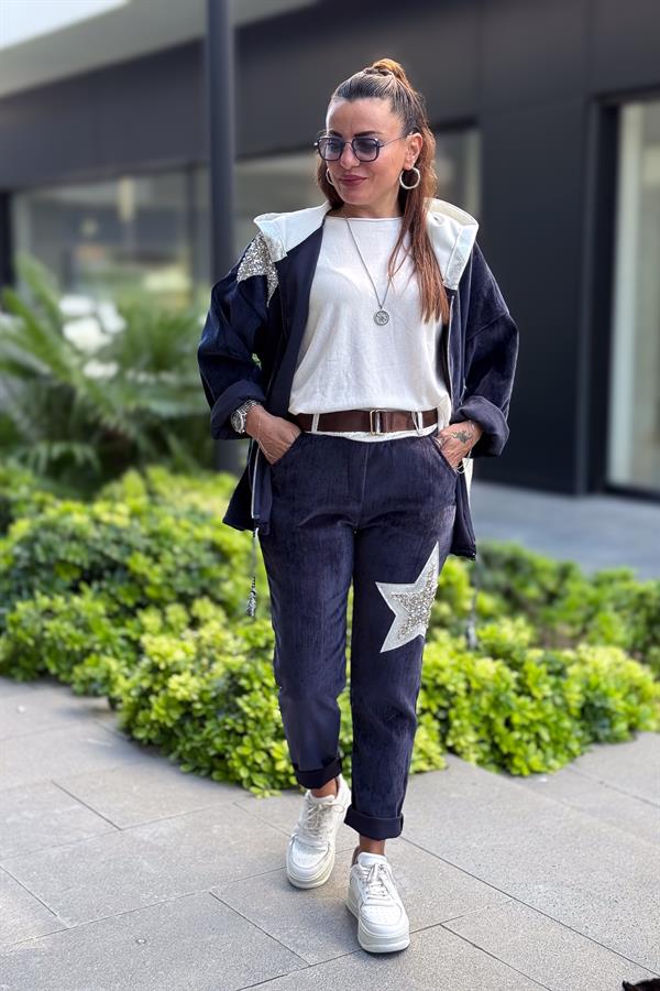 Yıldız Lak Pul İşlemeli Kadife Pantolon Lacivert Renk