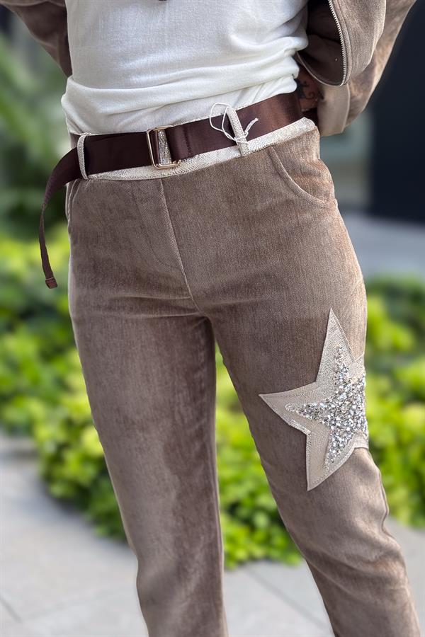 Yıldız Lak Pul İşlemeli Kadife Pantolon Camel Renk