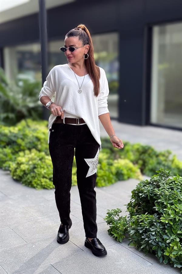 Yıldız Lak Pul İşlemeli Kadife Pantolon Siyah Renk