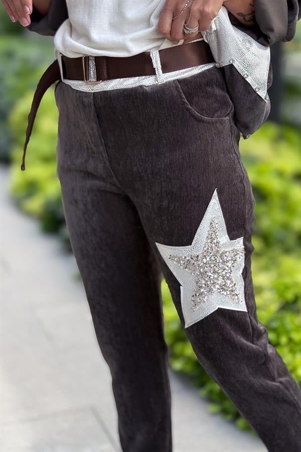 Yıldız Lak Pul İşlemeli Kadife Pantolon Antresit Renk