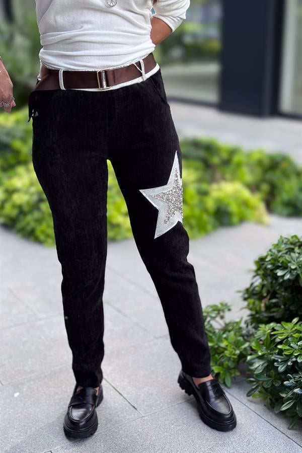 Yıldız Lak Pul İşlemeli Kadife Pantolon Siyah Renk