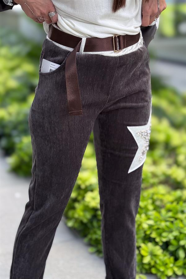 Yıldız Lak Pul İşlemeli Kadife Pantolon Antresit Renk