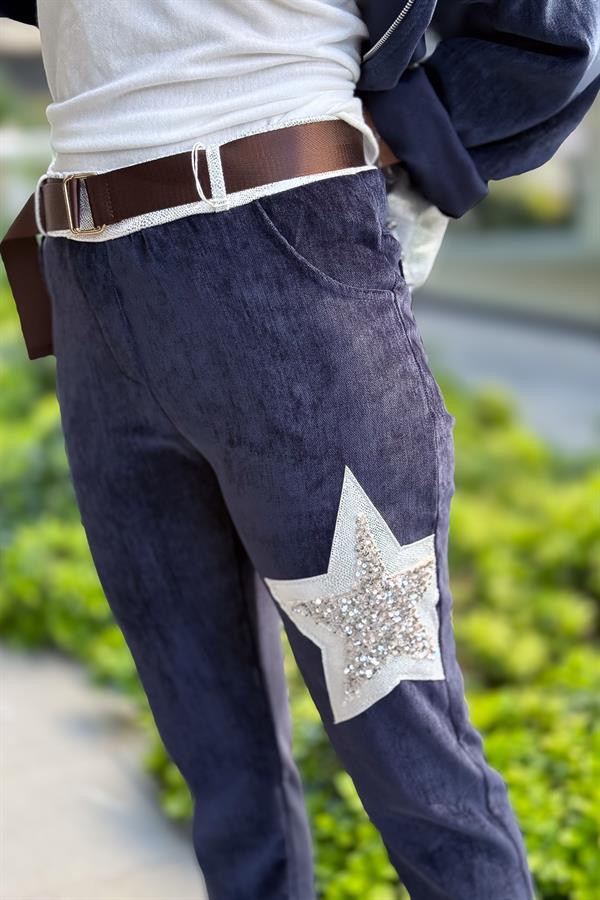 Yıldız Lak Pul İşlemeli Kadife Pantolon Lacivert Renk