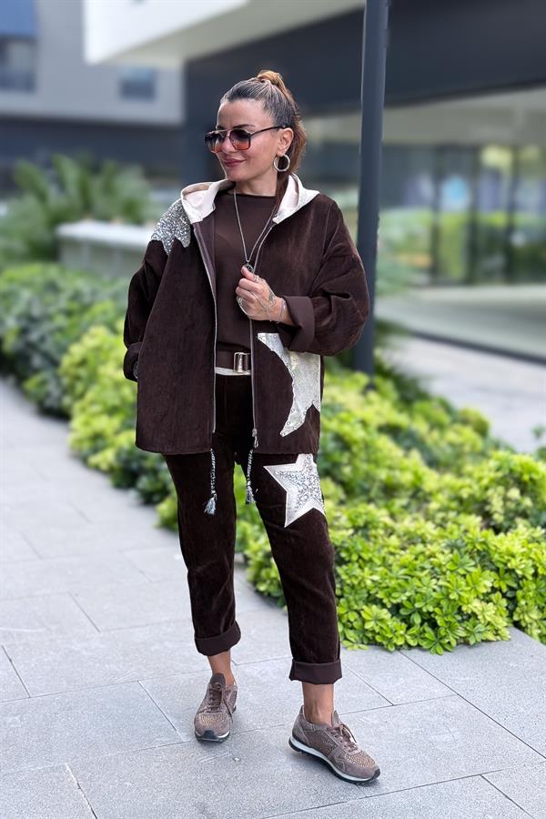 Yıldız Lak Pul İşlemeli Kadife Pantolon Kahverengi Renk