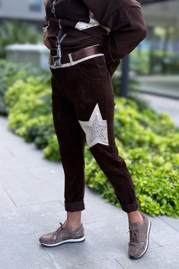 Yıldız Lak Pul İşlemeli Kadife Pantolon Kahverengi Renk
