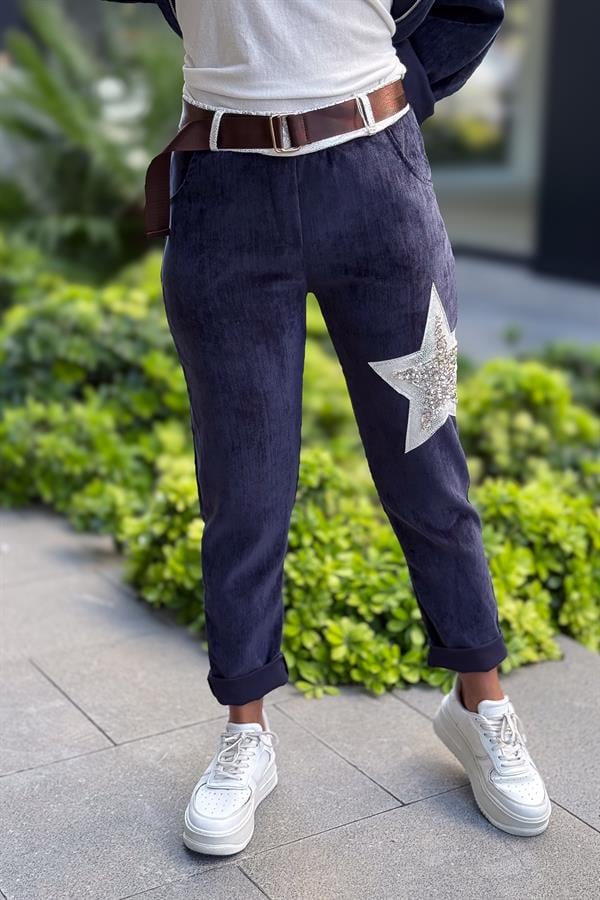 Yıldız Lak Pul İşlemeli Kadife Pantolon Lacivert Renk
