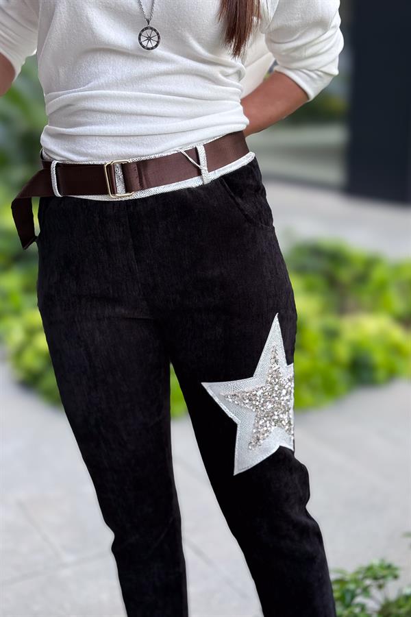 Yıldız Lak Pul İşlemeli Kadife Pantolon Siyah Renk