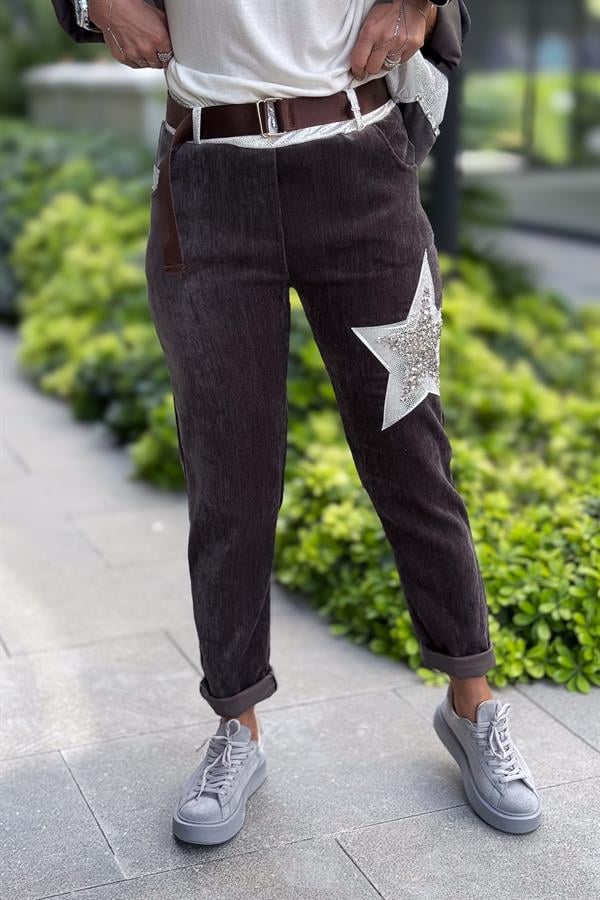 Yıldız Lak Pul İşlemeli Kadife Pantolon Antresit Renk