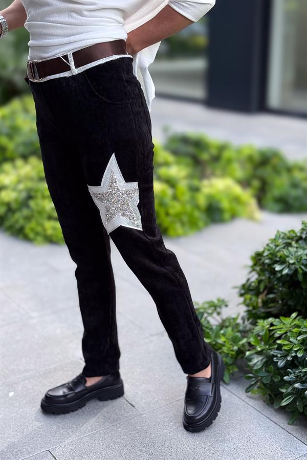Yıldız Lak Pul İşlemeli Kadife Pantolon Siyah Renk