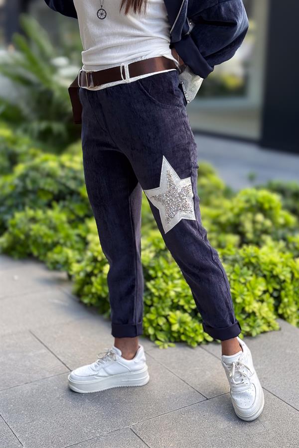 Yıldız Lak Pul İşlemeli Kadife Pantolon Lacivert Renk