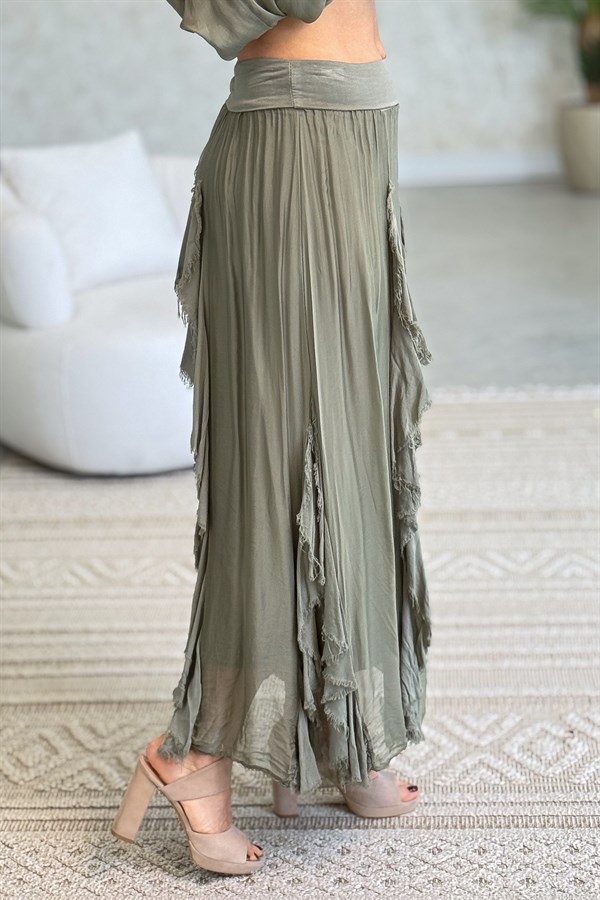 Yırtık Detaylı İpek Etek Haki Renk
