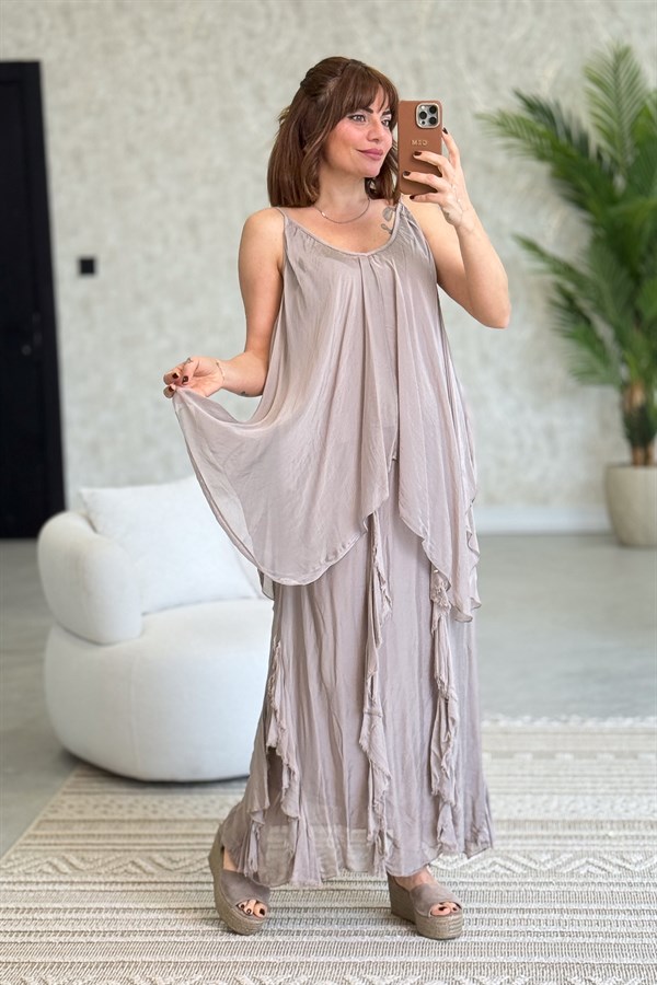 Yırtık Detaylı İpek Etek Vizon Renk