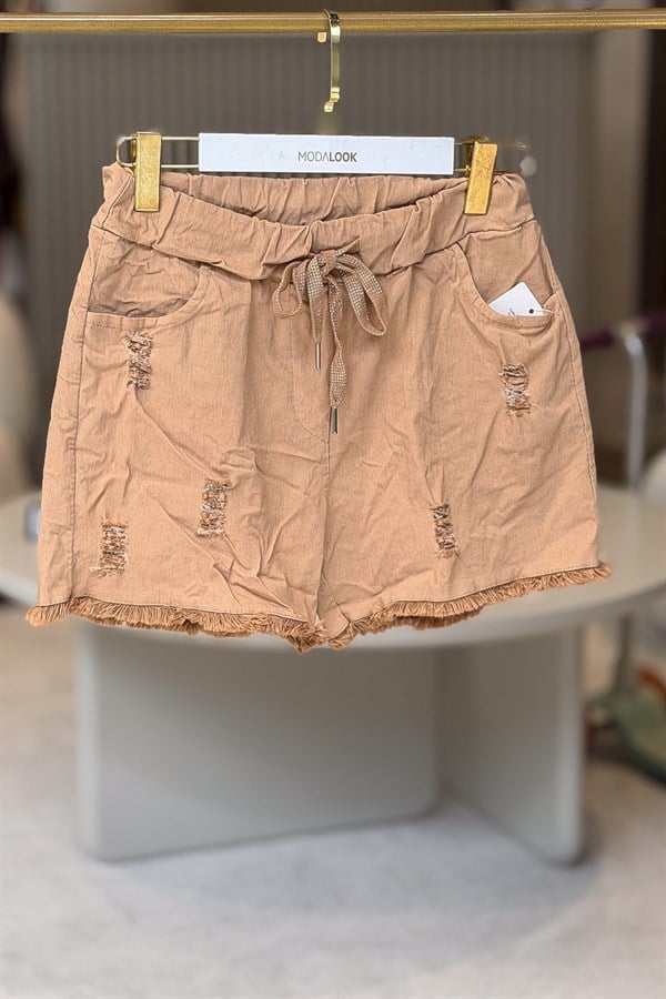 Yırtık Detaylı Likralı Kısa Şort Camel RenkŞORT