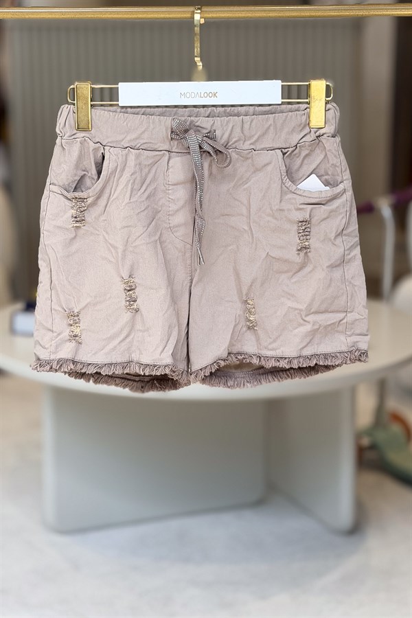 Yırtık Detaylı Likralı Kısa Şort Vizon RenkŞORT