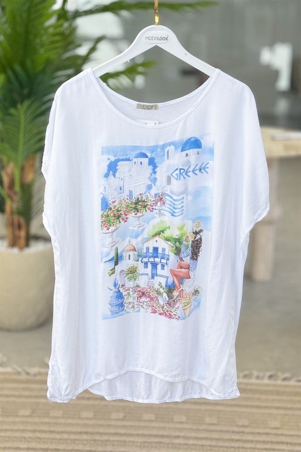 Yunanistan Desenli Viskon Tshirt Mavi RenkBLUZ