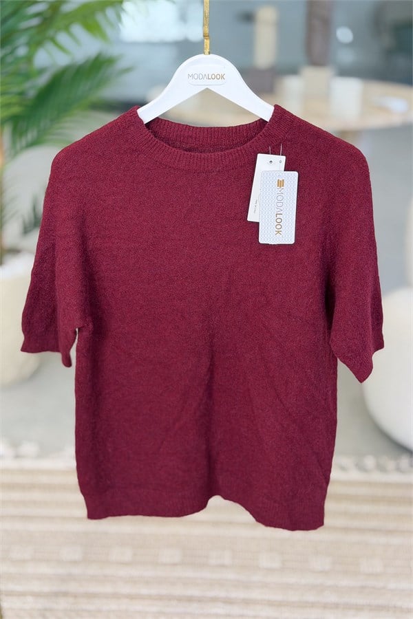 Yuvarlak Yaka Alpaca Kazak Bordo RenkBLUZ