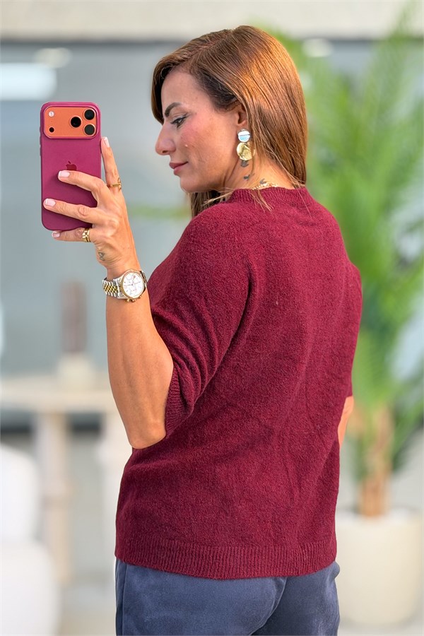 Yuvarlak Yaka Alpaca Kazak Bordo Renk