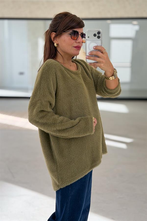 Yuvarlak Yaka Peluş Kazak Asit Renk